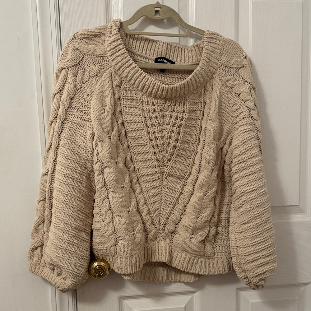 Express Off-the-Shoulder Cable Knit Sweater - Tan